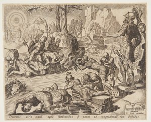 兵士たちの飲み方を見守るギデオン 作： Ubekendt efter Maarten van Heemskerck