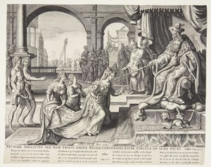 アハシュエロスの前でエステルを宴会に招待するエステル 作： Ubekendt efter Philips Galle efter forlæg af Maarten van Heemskerck