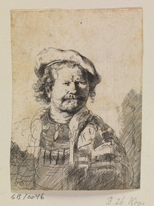 フラットキャップと刺繍ドレスのレンブラント 作： Ubekendt efter Rembrandt
