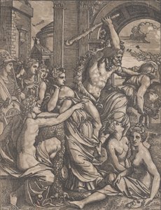 ミューズ神殿からアヴァリースを追うヘラクレス。 1520-27。 作： Ugo da Carpi