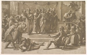 1518年、使徒たちに囲まれたアナニアの死。 作： Ugo da Carpi