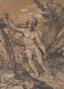 荒野の若い洗礼者聖ヨハネ。 1520-27。 作： Ugo da Carpi