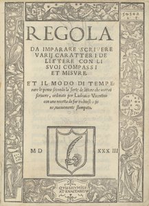 コンパスとメジャーを使って文字の書き方を覚えるルールとペンの研ぎ方… 作： Ugo da Carpi, Ludovico Arrighi