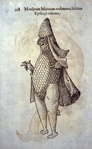 ウリッセ・アルドロヴァンディ（1522-1605）の「海のイヴェーク」（想像上の魚と海の怪物）、「Monstrorum Historiae」、ボローニャ 1642年