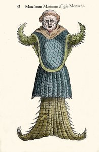 ウリッセ・アルドロヴァンディ（1522-1605）の「海の僧侶、空想の魚、海の怪物」、「Monstrorum Historiae」、ボローニャ 1642年 作： Ulisse Aldrovandi