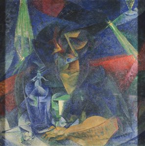 ウンベルト・ボッチョーニ（1882-1916）作「テーブルに座る女性像の分解」油彩・キャンバス、86x86cm、1912年頃 作： Umberto Boccioni