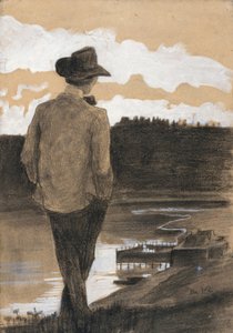 川岸の青年、1902年（紙にガッシュ、木炭、パステル） 作： Umberto Boccioni