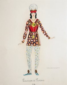ジャコモ・プッチーニ作「トゥーランドット」のペルシャ王子の衣装、ウンベルト・ブルネレスキ（1879-1949）によるスケッチ、ミラノのスカラ座でのオペラの初演、4月25日