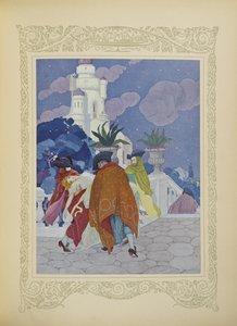 仮面をかぶった 4 人の男たちが彼女を塔の頂上まで運んだ、「Contes du Temps Jadis」または「Tales from Times Past」のイラスト、p.22