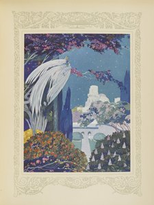 しかし、美しいブルーバードは宮殿の周りを飛び回るのをやめませんでした。「Contes du Temps Jadis」または「Tales from Times Past」のイラスト、p.32 作： Umberto Brunelleschi