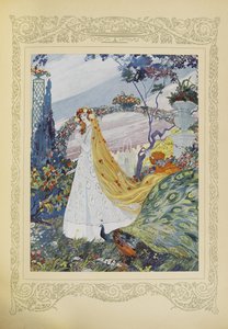 彼女はいつも頭に花の冠をかぶせて巻き毛を覆っていた、「Contes du Temps Jadis」または「Tales from Times Past」のイラスト、p.10