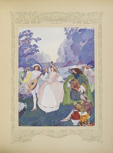 フルートとバグパイプの音に合わせて踊る羊飼いと羊飼いがいました。「Contes du Temps Jadis」または「Tales from Times Past」のイラスト、p.74 作： Umberto Brunelleschi