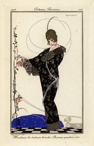 刺繍が施されたベルベットのコートを着た女性、粉末の金色の髪。