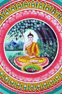 20151029, ビエンチャン, ラオス :仏教寺院のワット・インペン。釈迦牟尼仏の一代記を描いた絵。瞑想のポーズで座る仏陀 作： Unbekannt