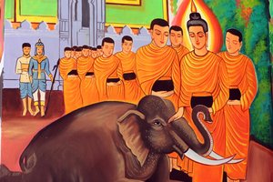 20151029, ビエンチャン, ラオス :Wat Si Muang ( Simuong ) 仏教寺院。釈迦牟尼仏の一代記を描いた絵。慈愛の心で飼いならされた野生の象 作： Unbekannt