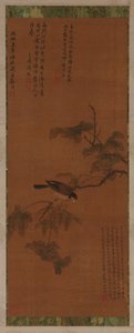 葉の多い枝にとまる鳥、明代、16～17世紀。 作： Unbekannt