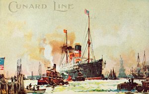 Cunard occean linerが米国ニューヨーク市ノースリバーc1900に入る