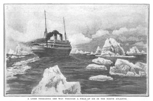 1912年4月20日、北大西洋の氷原を通り抜けるライナー。 作： Unbekannt