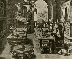 地球とコンパスを使った研究で働く航海専門家、c1591、1928。 作： Unbekannt