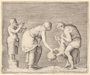 羊から採血する女性、ca。 1599-1622。 作： Unbekannt