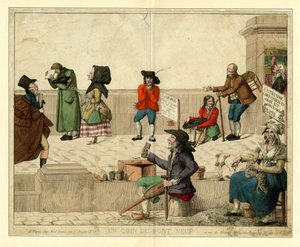 1813年頃、足の不自由な乞食と露天商がいるパリのポン・ヌフの一角。 作： Unbekannt