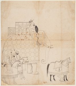 Caparisoned Elephant and Horsesの図面、c。 1760。 作： Unbekannt