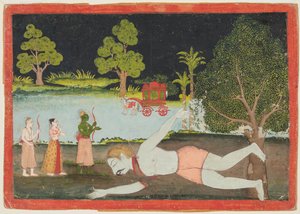 ラーマーヤナのページ：殺害された巨人の前のラマ、ラクシュマン、シータ、c。 1770。 作： Unbekannt