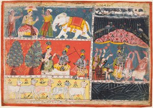 バガヴァタプラーナのページ：インドラが急流の雨を送り、クリシュナは山を持ち上げます。 Govardhana、1686。