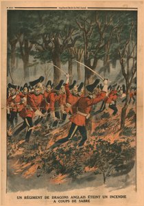 1914年、イギリスの竜騎兵連隊がサーベルの一撃で火を消しました。 作： Unbekannt