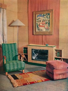 火の上のJDファーガソンの絵画のある居間、1935年