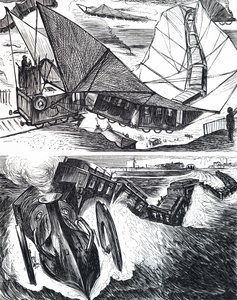 雪で線路が切れた列車 作： Unbekannt