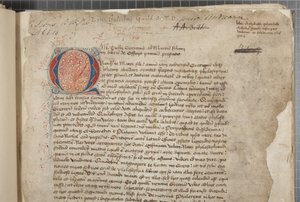 Marcus Tullius Ciceroの哲学作品を1471年のEditio romanaから抜粋したと思われる3つの手による写本に、Archibald Whitelawらの手による余白を加えたもので、1480年頃のもの（羊皮紙にインク）。