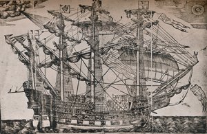 アークロイヤル、c1587と考えられている船の木版画 作： Unbekannt