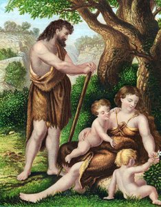 荒野で休むアダムとイブ、息子のカインとアベル、1860年頃 作： Unbekannt