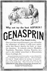 薬アスピリンの専有ブランドであるジェナスプリンの広告。 1919 作： Unbekannt