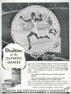 1948年ロンドンオリンピックでの「Ovaltine」の広告（リトグラフ 作： Unbekannt