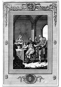 アルフレッド大王がパンを貧しい巡礼者と分けて、9世紀、1772年 作： Unbekannt