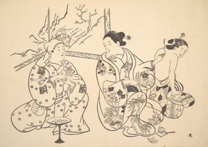 客間で座っている花魁が、別の女性のむき出しの背中に火の治療を適用します。