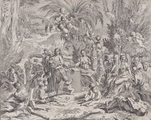 絵画のアレゴリー、中央左の子供がタブレットに絵を描いている、surrou...、1650-1700。 作： Unbekannt