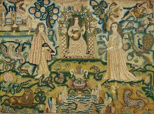 ギターを弾く女性の刺繍パネル、17世紀 作： Unbekannt