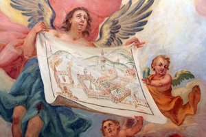 ハイリゲンクロイツ修道院の設計図を持つ天使。ハイリゲンクロイツ修道院、ウィーン、オーストリア 作： Unbekannt