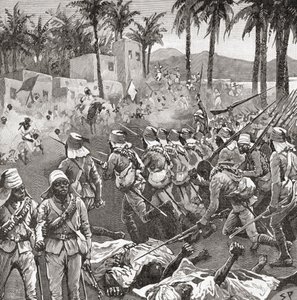 マフディスト戦争中の1896年6月7日、フェルケまたはフィルケットの戦いでフェルケの村を襲撃する英エジプト軍。 作： Unbekannt