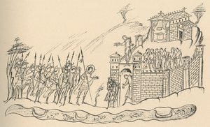 アングロサクソン人の戦士が砦に近づく、1908年 作： Unbekannt