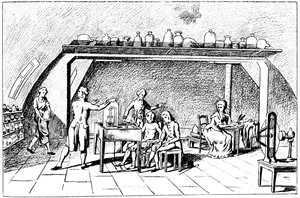 呼吸を調査する18世紀のフランスの化学者、アントワーヌローランラヴォワジエ 作： Unbekannt