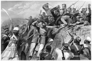 1857年7月30日、ラクナウでのRedanバッテリーに対する反逆者の攻撃、c1860 作： Unbekannt