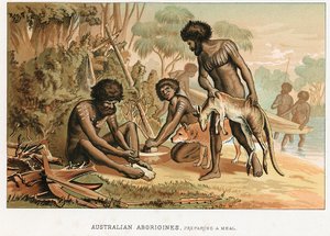 狩猟した動物から食事を準備するオーストラリアの原住民、c1895
