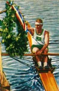 オーストラリアの漕手ボビー・ピアスがシングルスカルを勝ち取りました、1928。 作： Unbekannt