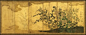 野生のガチョウのいる秋の風景c。 1650