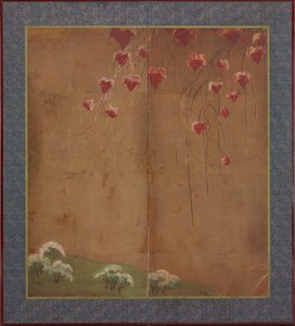 秋のつる、遠くの木々と雪、江戸時代、1615～1868年。 作： Unbekannt