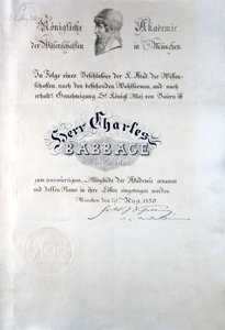 ミュンヘン国立科学アカデミーからのバベッジの卒業証書 作： Unbekannt
